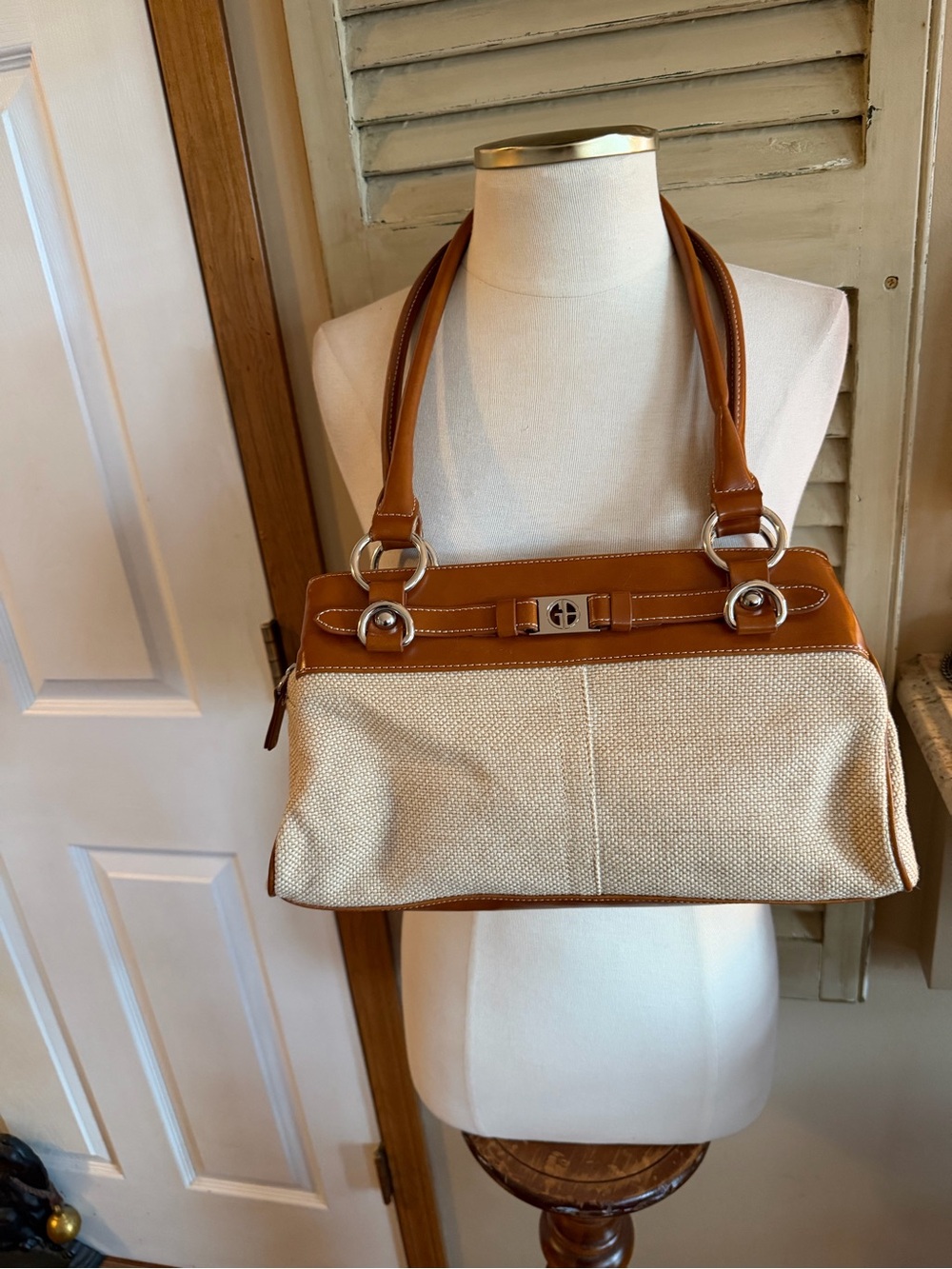 GIANI BERNINI Canvas Shoulder Bag in Tan and Cream 12x7.5x3 inches